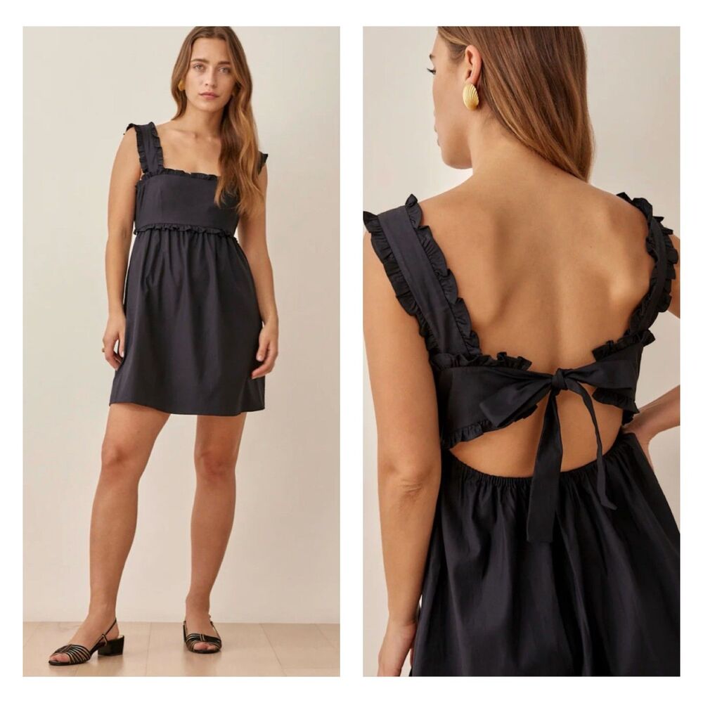 REFORMATION Liah Mini Dress Black Tie Back Ruffle Trim, Sz M